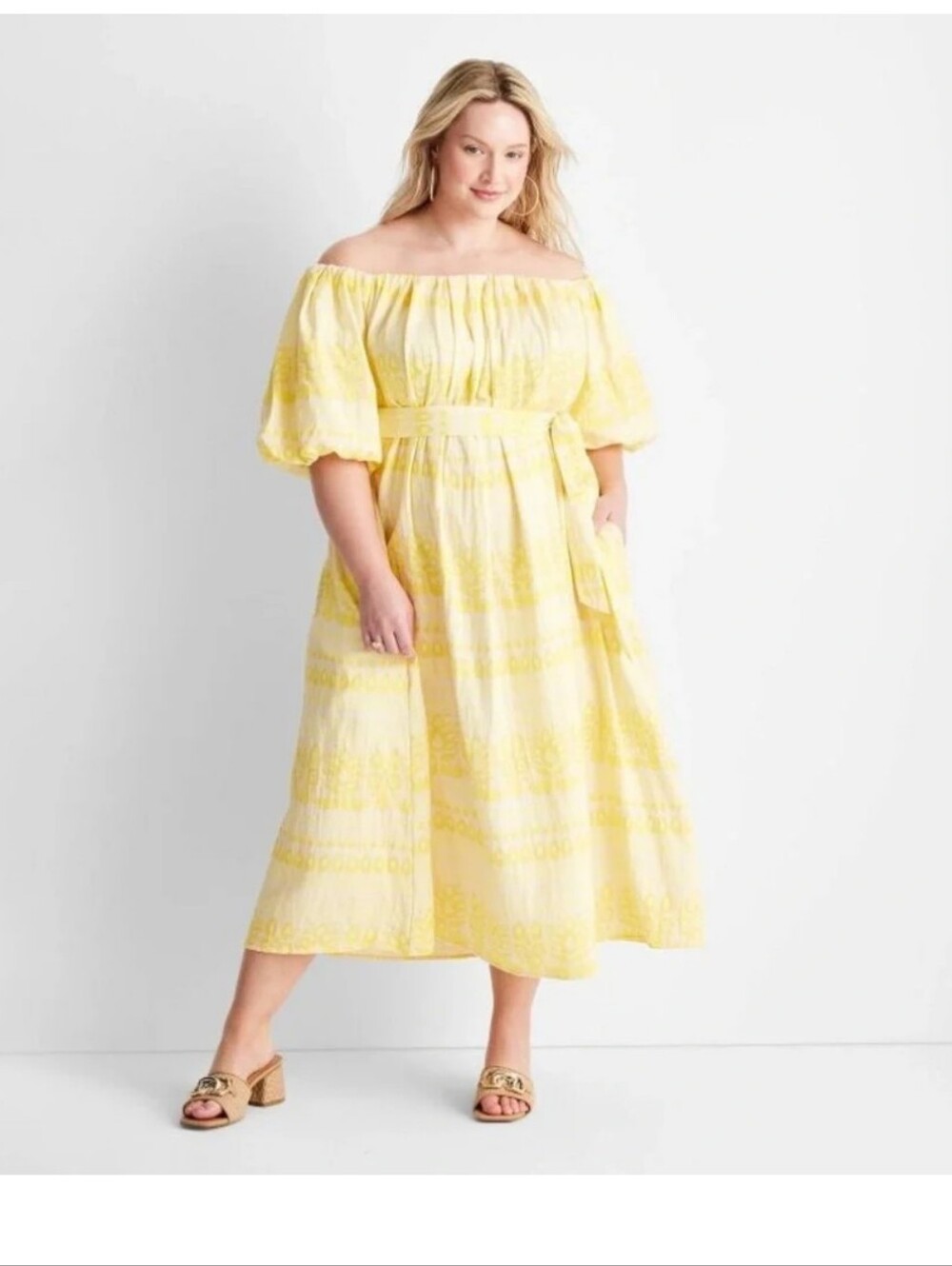 Yellow Off-Shoulder Midi Dress with Self-Tie Waist Jenny K Lopez